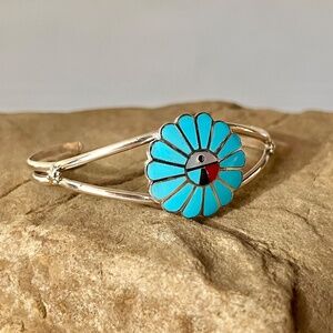 ZUNI Native American SUN FACE Turquoise Sterling Silver Bracelet Burdian Soseeah